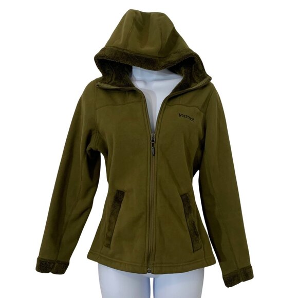 Marmot Womens Small Olive Green Hooded Fleece-Lined Jacket With Full Zip & Pocke - Picture 1 of 8